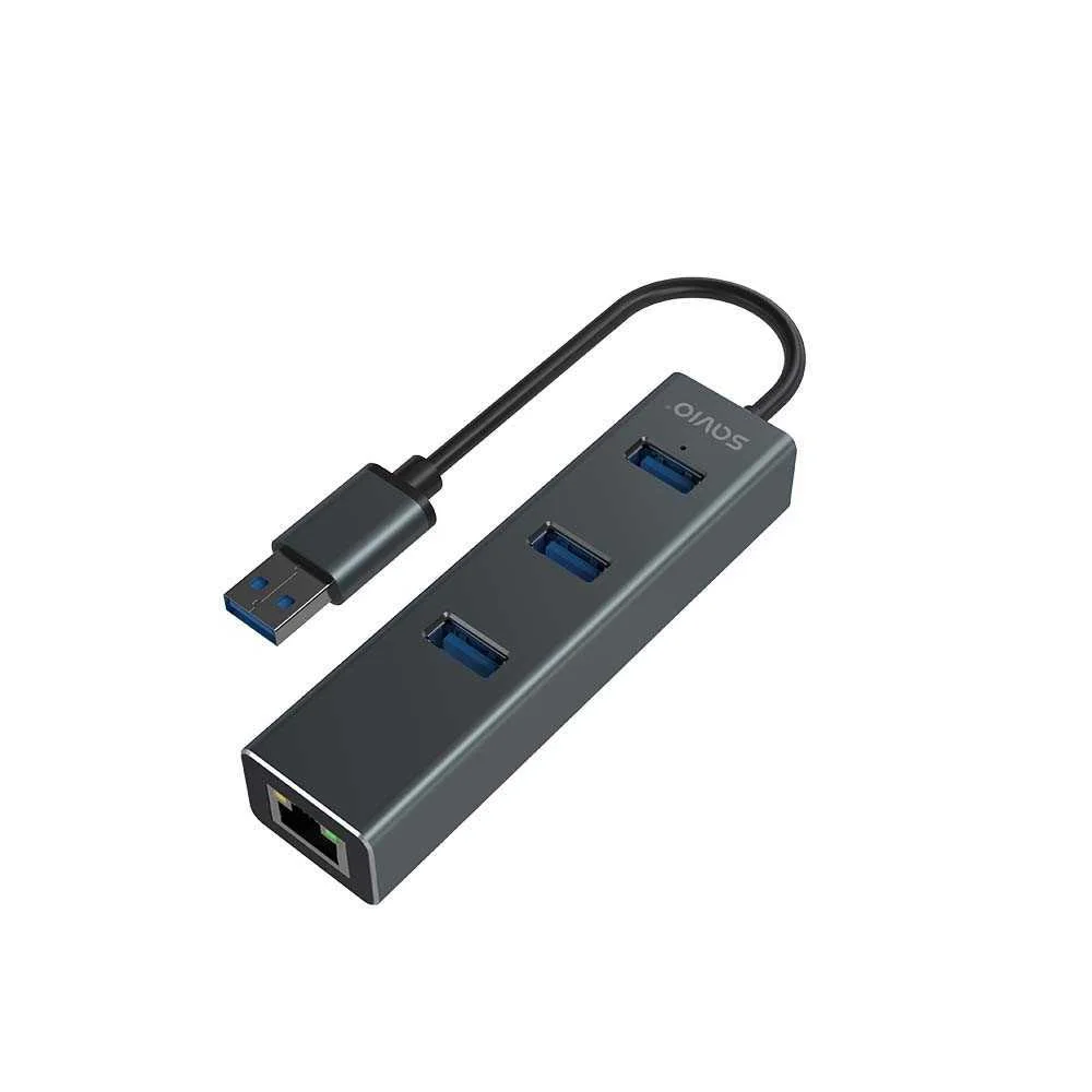 Savio Ak-57 Usb-A - 3 X Usb-A Hub With Rj-45 Gigabit Ethernet Adapter  5000 Mbit/S  Grey