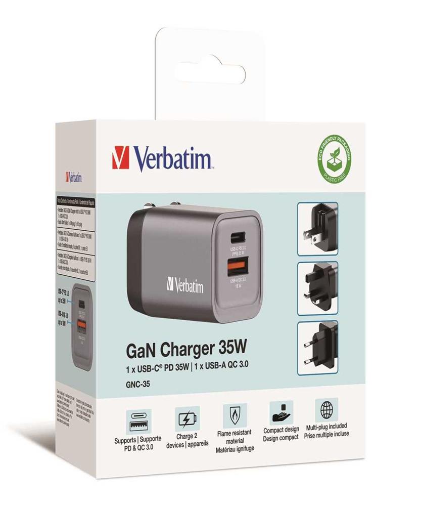Cargador de Pared Universal Verbatim Gnc-35/ 1xusb Tipo-C/ 1xusb/ 35w