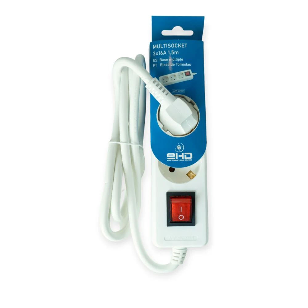 Bloco de Tomadas 3x16A 1.5m com interruptor Branco