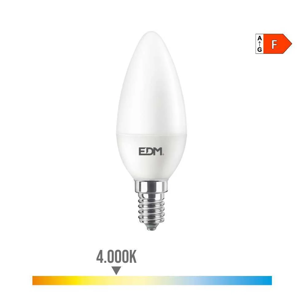 Casquillo: E14<br>temperatura de Luz: 4.000 K<br>tipo: Vela<br>dimable: No<br>equivalencia: 60 W<br>