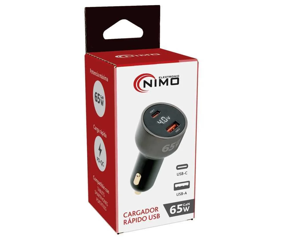 Carregador Isqueiro Duplo Usb-C + Usb-A 65w Gan C/ Ecrã LED - Nimo