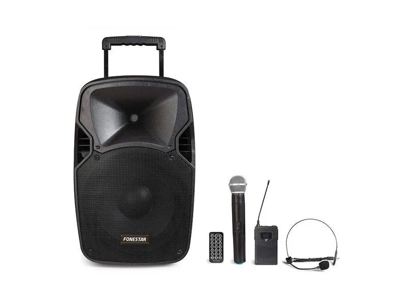 Coluna portátil 12". 250 W máx., 50 W RMS. 2 micr.