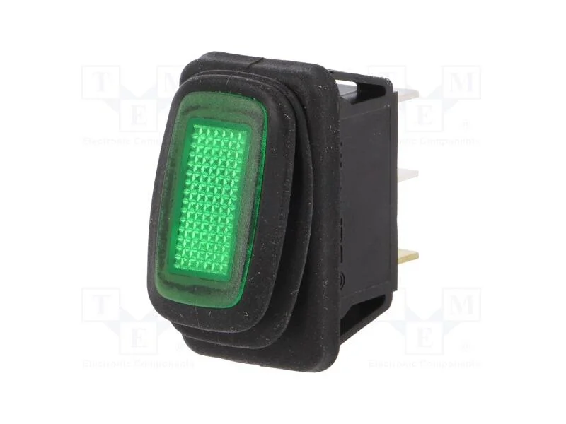 ROCKER, SPST, Pos: 2, ON-OFF, 16A/12VDC, verde, I.