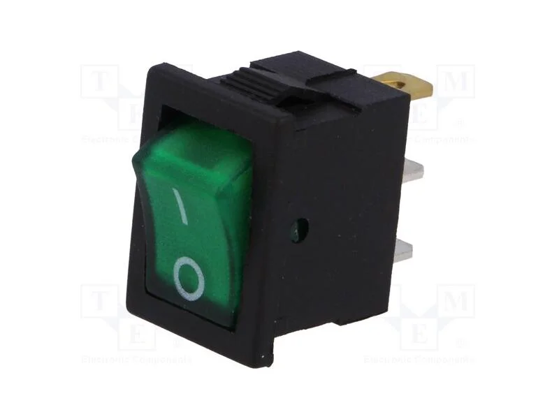 ROCKER, SPST, Pos: 2, ON-OFF, 3A/250VAC, verde, l.