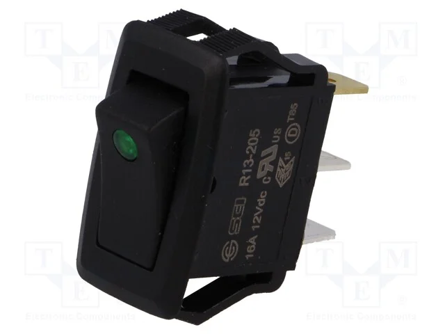 ROCKER, SPST, Pos: 2, OFF-(ON), 16A/12VDC, preto,.