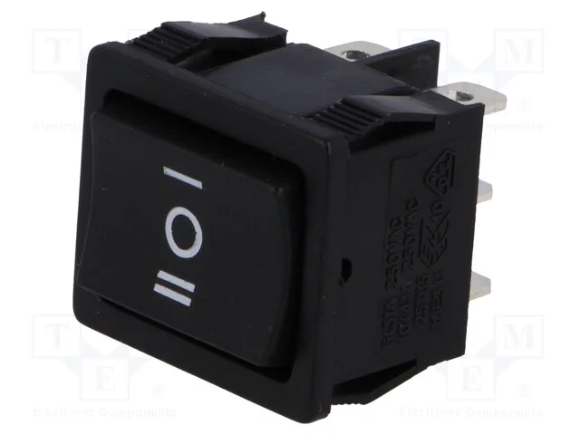ROCKER, DP3T, Pos: 3, ON-OFF-ON, 6A/250VAC, preto.
