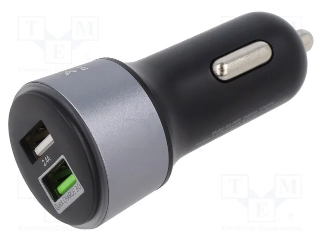 Alimentador de automóvel, USB A tomada x2, preta,.