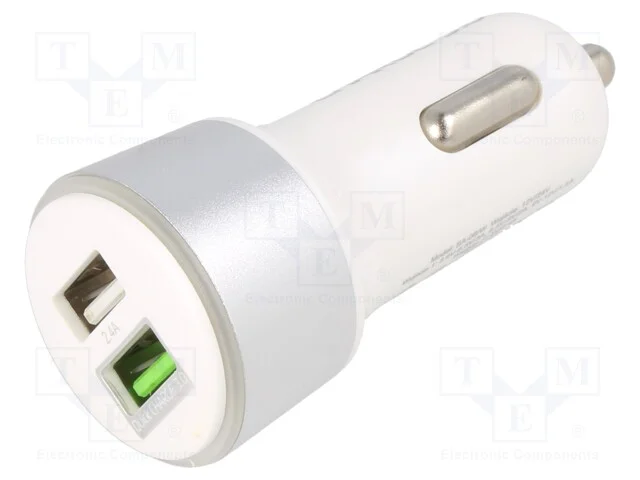 Alimentador de automóvel, USB A tomada x2, branca.