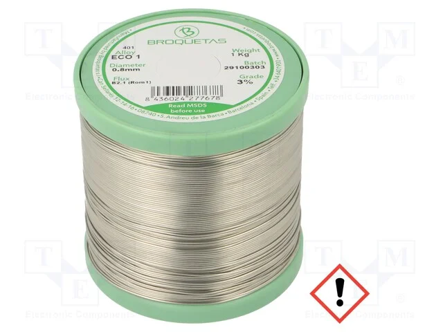 Arame de solda, Sn99,3Cu0,7, 0,8mm, 1kg, sem chum.