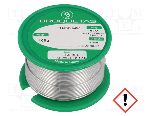 Arame de Solda, Sn99,3cu0,7, 1mm, 0,1kg, Sem Chumbo, Bobina, 220c