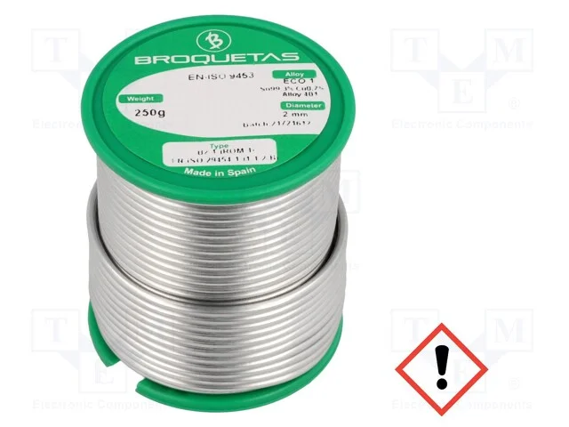 Arame de Solda, Sn99,3cu0,7, 2mm, 0,25kg, Sem Chumbo, Bobina