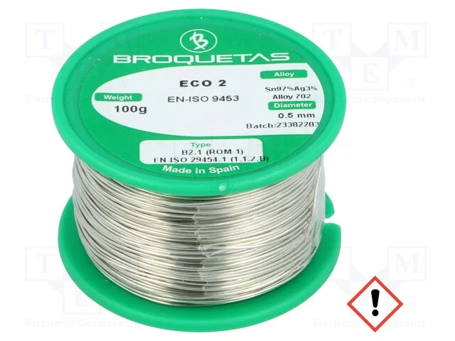 Arame de solda, Sn97Ag3, 0,5mm, 100g, sem chumbo,.