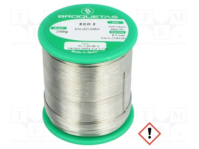 Arame de solda, Sn97Ag3, 0,7mm, 250g, sem chumbo,.