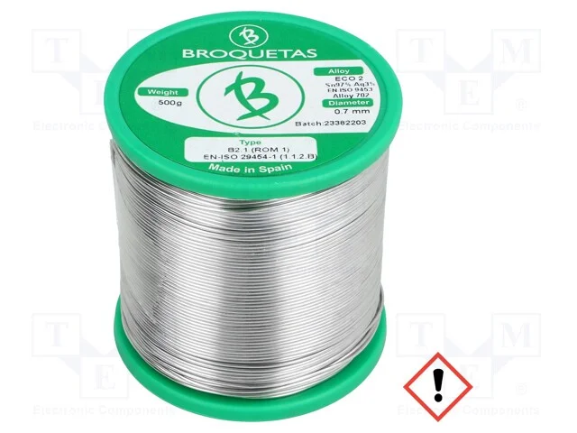 Arame de Solda, Sn97ag3, 0,7mm, 500g, Sem Chumbo, Bobina, 221c