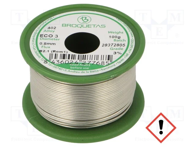 Arame de solda, Sn97Cu3, 0,8mm, 100g, sem chumbo,.
