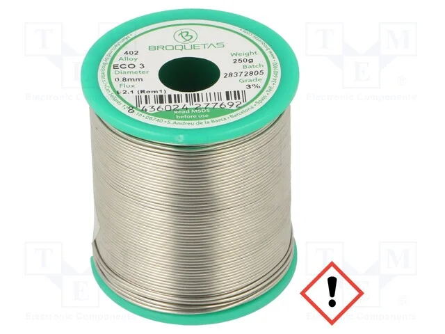 Arame de Solda, Sn97cu3, 0,8mm, 250g, Sem Chumbo, Bobina, 230c