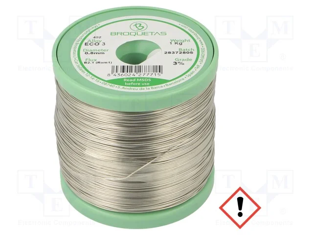 Arame de solda, Sn97Cu3, 0,8mm, 1000g, sem chumbo.