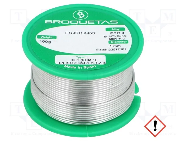 Arame de solda, Sn97Cu3, 1mm, 100g, sem chumbo, b.