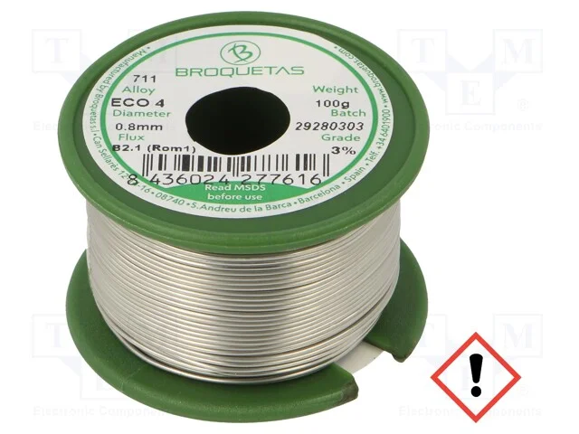 Arame de solda, Sn96,5Ag3Cu0,5, 0,8mm, 0,1kg, sem.