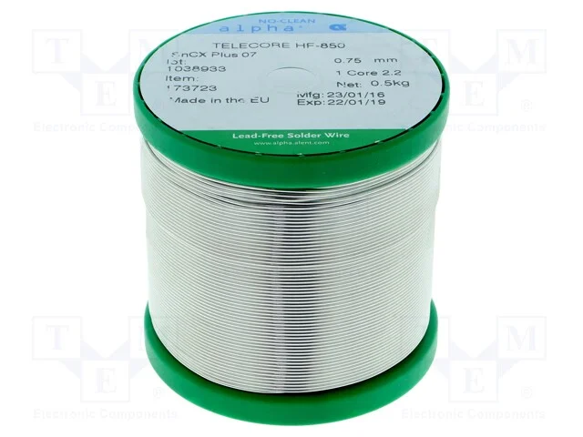 Arame de solda, Sn99,3Cu0,7, 0,75mm, 0,5kg, sem c.