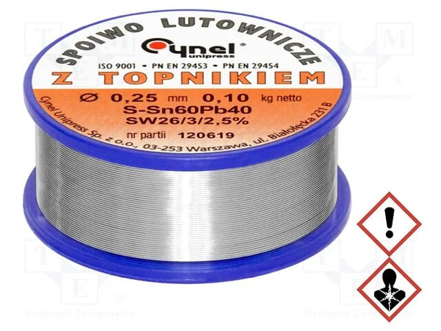 Arame de solda, Sn60Pb40, 0,25mm, 0,1kg, com chum.