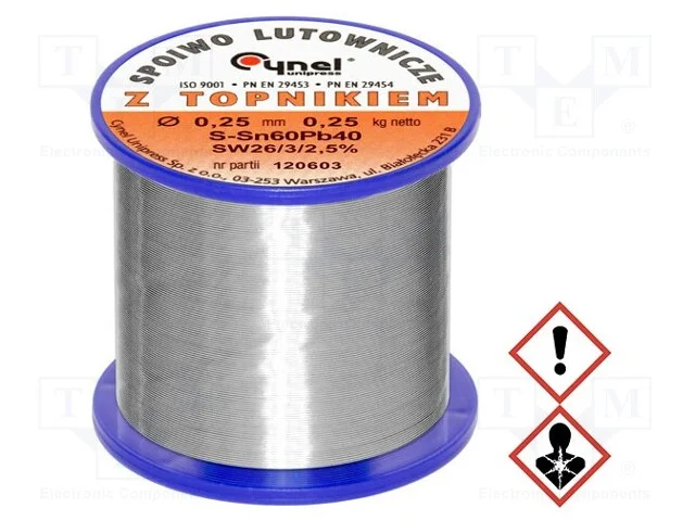Arame de solda, Sn60Pb40, 0,25mm, 0,25kg, com chu.