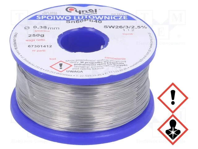 Arame de solda, Sn60Pb40, 0,38mm, 0,25kg, com chu.
