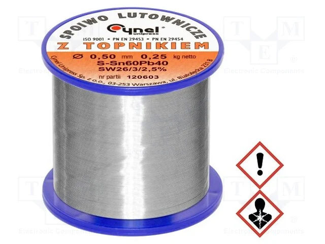Arame de solda, Sn60Pb40, 0,5mm, 0,25kg, com chum.