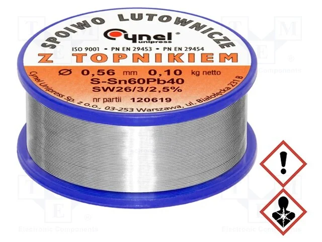 Arame de solda, Sn60Pb40, 0,56mm, 0,1kg, com chum.
