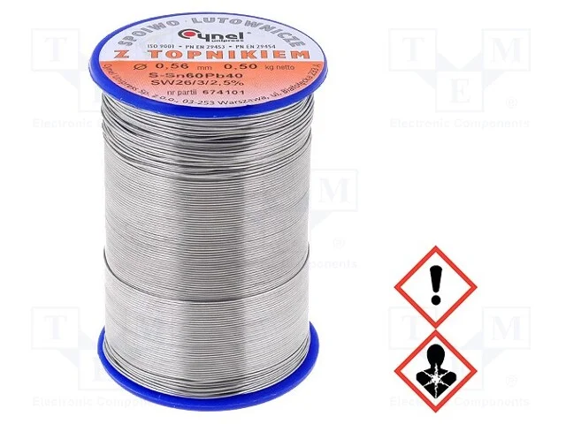 Arame de solda, Sn60Pb40, 0,56mm, 0,5kg, com chum.