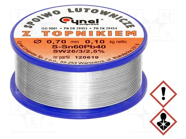 Arame de solda, Sn60Pb40, 0,7mm, 0,1kg, com chumb.