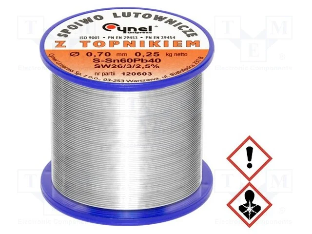 Arame de solda, Sn60Pb40, 0,7mm, 0,25kg, com chum.
