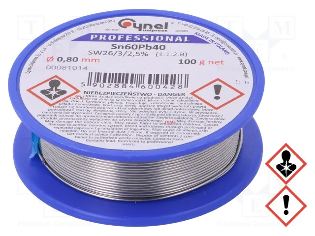 Arame de solda, Sn60Pb40, 0,8mm, 100g, com chumbo.
