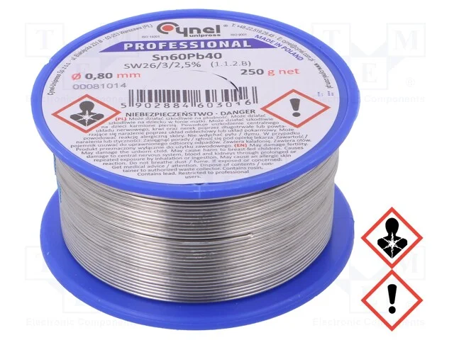 Arame de solda, Sn60Pb40, 0,8mm, 250g, com chumbo.