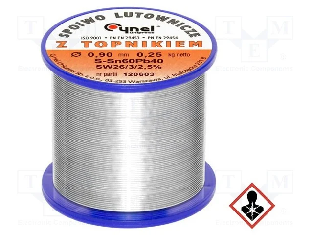 Arame de solda, Sn60Pb40, 0,9mm, 0,25kg, com chum.