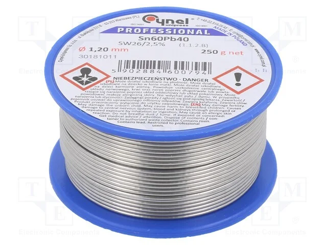 Arame de solda, Sn60Pb40, 1,2mm, 0,25kg, com chum.