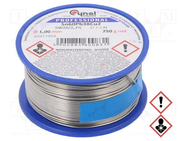 Arame de solda, Sn60Pb38Cu2, 1mm, 0,25kg, com chu.