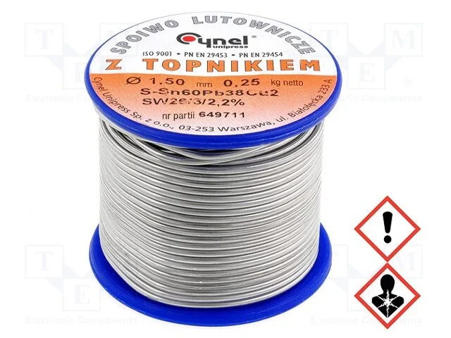 Arame de solda, Sn60Pb38Cu2, 1,5mm, 0,25kg, com c.