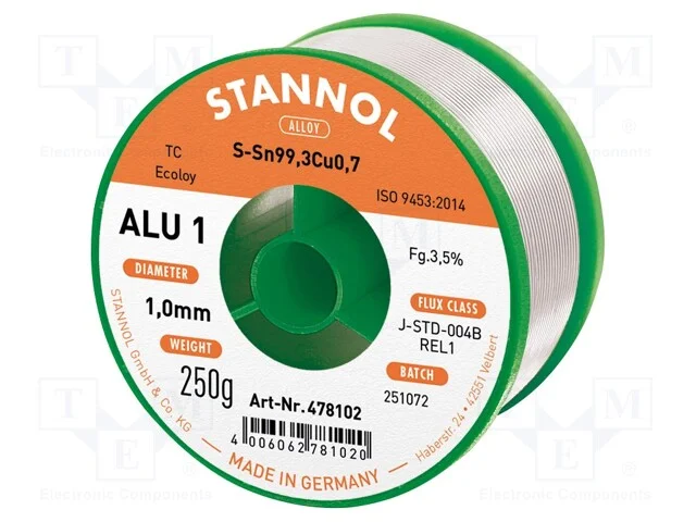 Arame de Solda, Sn99,3cu0,7, 1mm, 250g, Sem Chumbo, Bobina, 3,5%