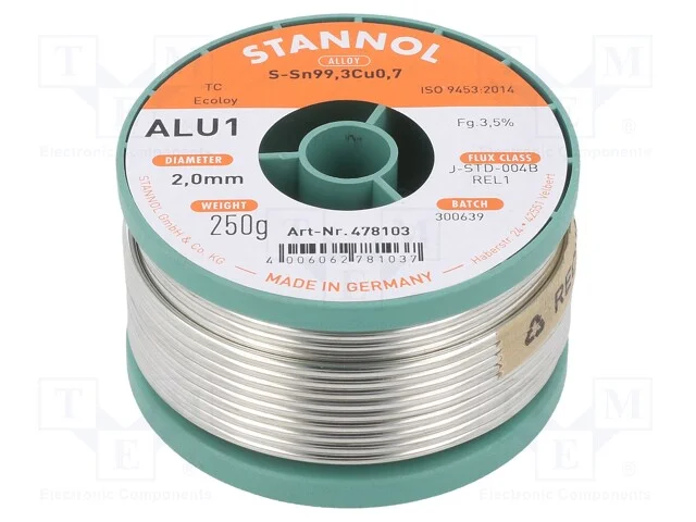 Arame de Solda, Sn99,3cu0,7, 2mm, 250g, Sem Chumbo, Bobina, 3,5%