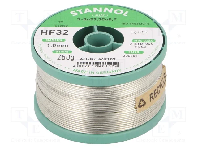 Arame de solda, Sn99,3Cu0,7, 1mm, 250g, sem chumb.
