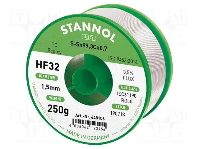 Arame de solda, Sn99,3Cu0,7, 1,5mm, 250g, sem chu.