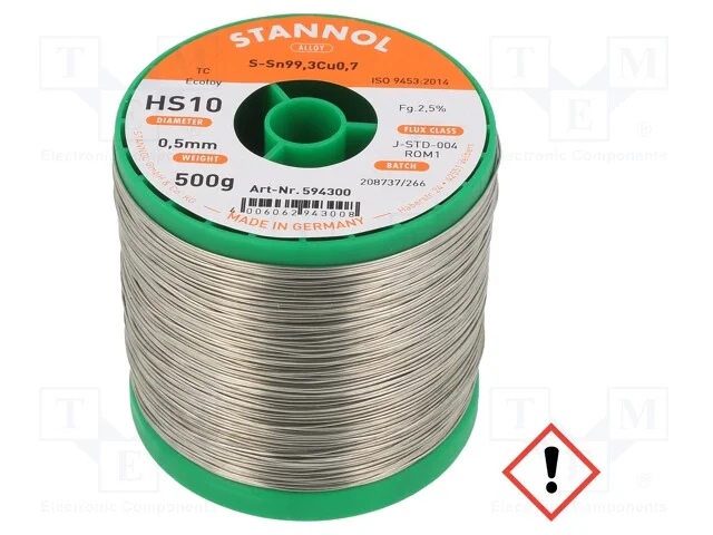 Arame de solda, Sn99,3Cu0,7, 0,5mm, 0,5kg, sem ch.