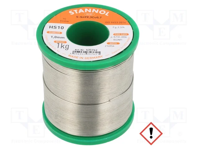 Arame de solda, Sn99,3Cu0,7, 1mm, 1kg, sem chumbo.