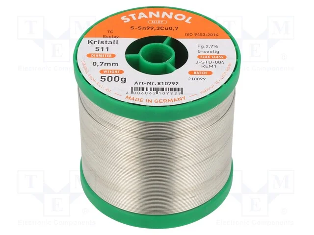 Arame de solda, Sn99,3Cu0,7, 700um, 0,5kg, sem ch.