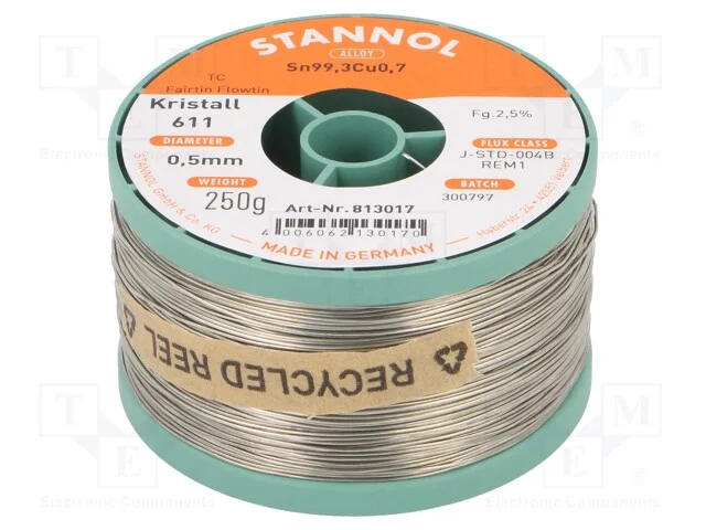 Arame de solda, Sn99,3Cu0,7, 0,5mm, 250g, sem chu.