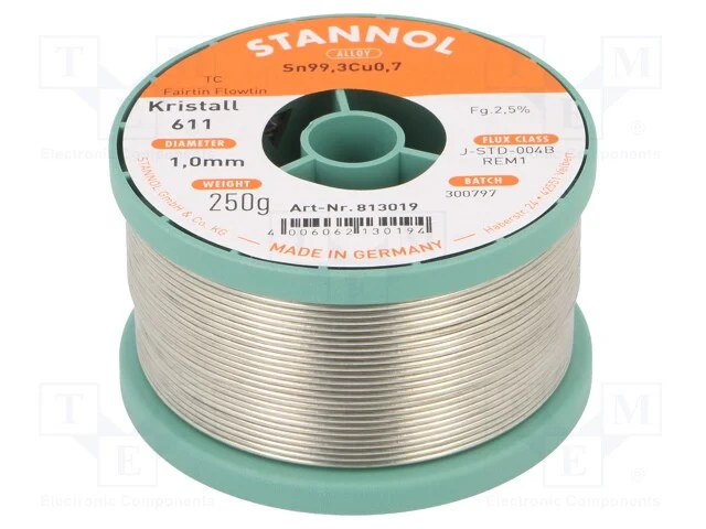 Arame de solda, Sn99,3Cu0,7, 1mm, 250g, sem chumb.