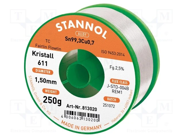 Arame de solda, Sn99,3Cu0,7, 1,5mm, 250g, sem chu.