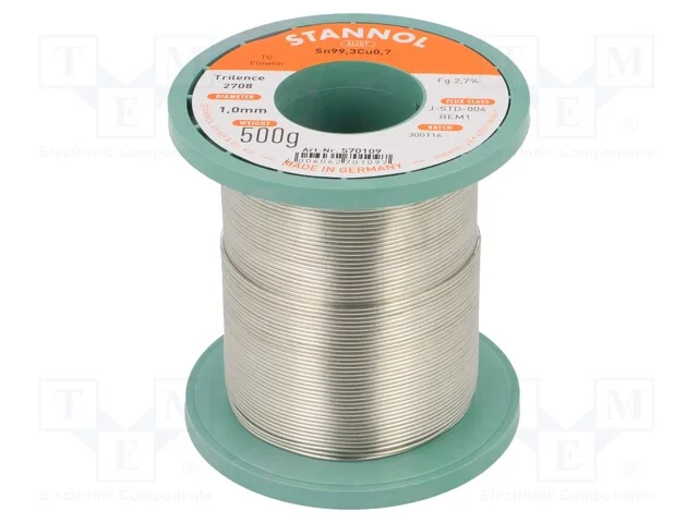 Arame de Solda, Sn99,3cu0,7, 1mm, 500g, Sem Chumbo, Bobina, 2,7%