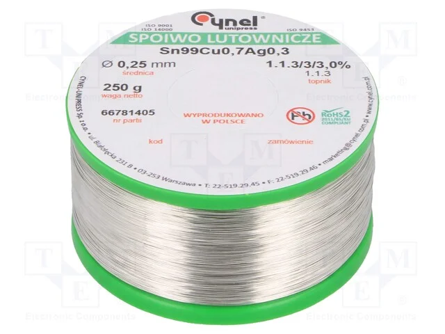 Arame de solda, Sn99Ag0,3Cu0,7, 250um, 250g, sem .